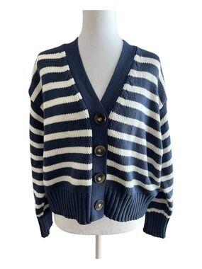 Willow & Wind Navy & White Striped V-Neck Knit Cardigan Sweater - Size Med